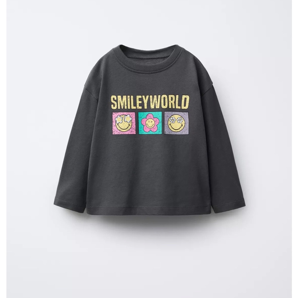 Zara Kids Charcoal Tee with Colorful Smiley Graphics